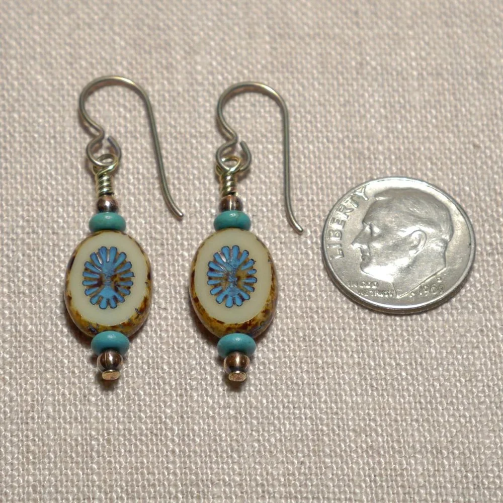 Hand Crafted Handmade Earrings Oval Cream & Blue Czech Glass Petite Earr… - Picture 3 of 4